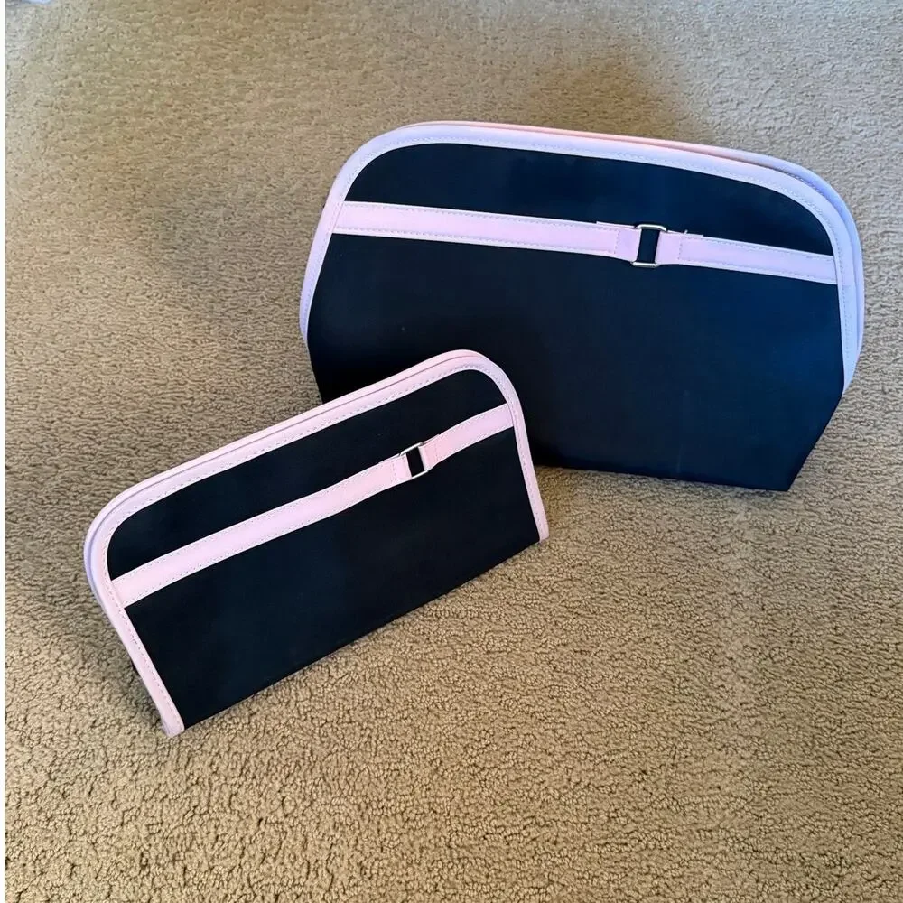Lancome 2 Piece Makeup and Toiletry Zipper Travel Bags Case Pink Black New